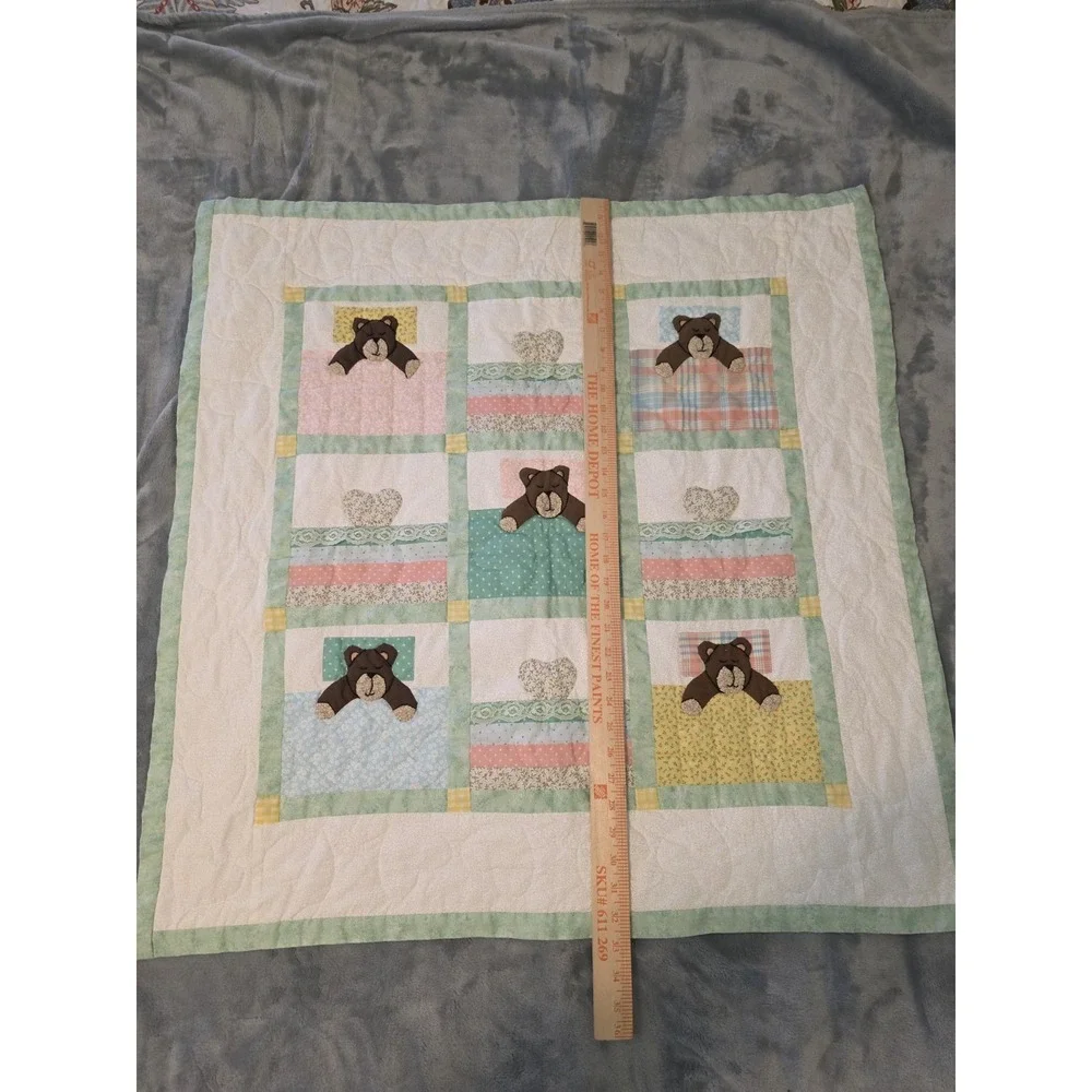 Handmade Teddy Bear Crib Quilt Nursery Baby Blanket Applique Patchwork 32x32